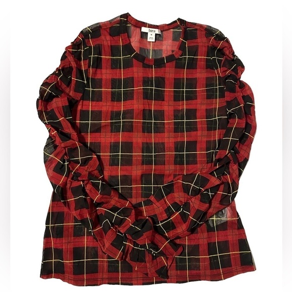 *CLEARANCE* Bar III sheer chiffon ruched sleeve red & black plaid long sleeve - Picture 1 of 9